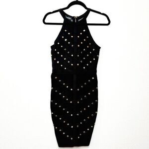 Bebe Women's Black Studded Sheer Halter Bodycon Dress Size XS